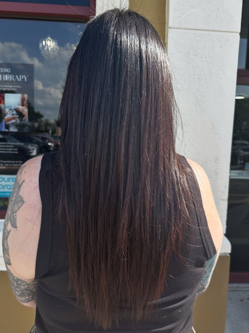Straight shiny dark hair after a diamond blowout, seen from behind