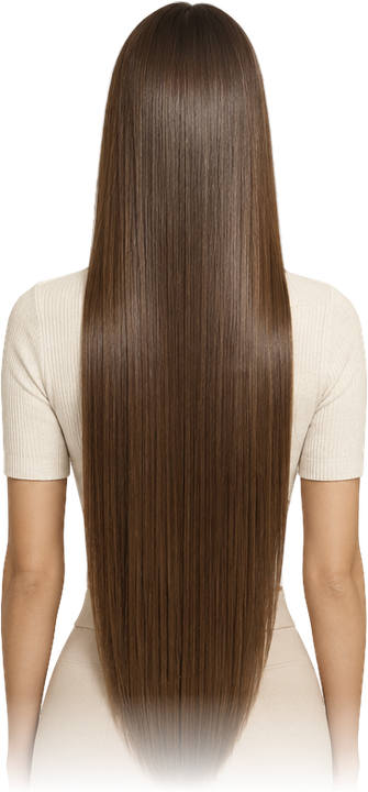 Back view of long straight hair with lines at shoulders, shoulder blades, mid back, waist and hips
