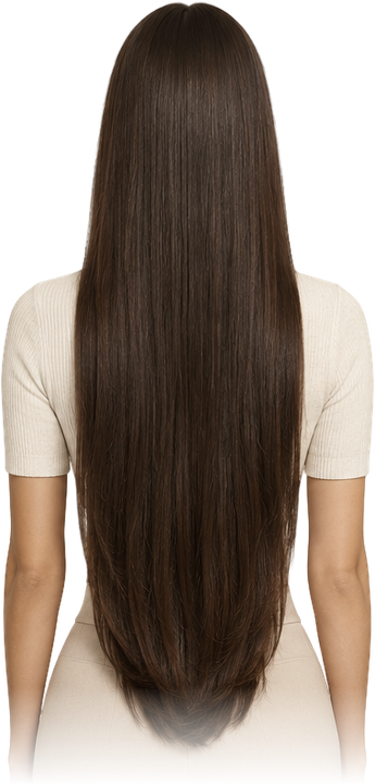 Back view of long, smooth, glossy hair with lines at shoulders, shoulder blades, mid back, waist and hips